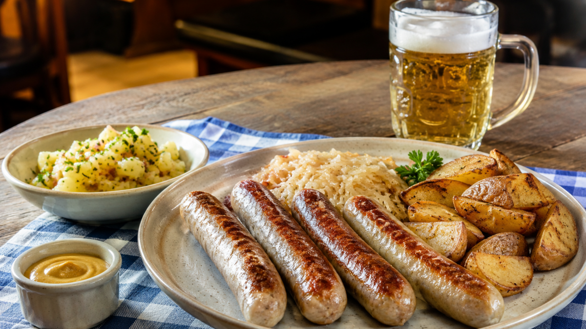 Баварские колбаски с капустой и картофельным гарниром